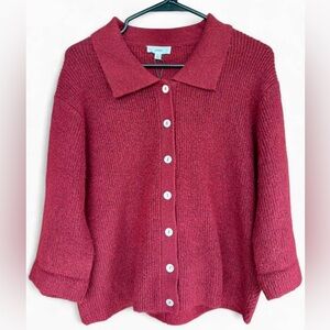 NWT A Loves A Merlot Knit Cardigan Sweater 3/4 Sleeve Large Collared‎ Preppy